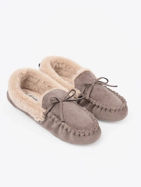 Dark beige slippers with a bow and fluffy interior, moccasin style