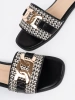 Black and white women's slides with a gold chain