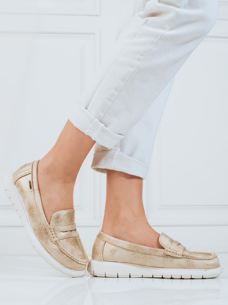 Mokasyny damskie złote z elastyczną podeszwą
