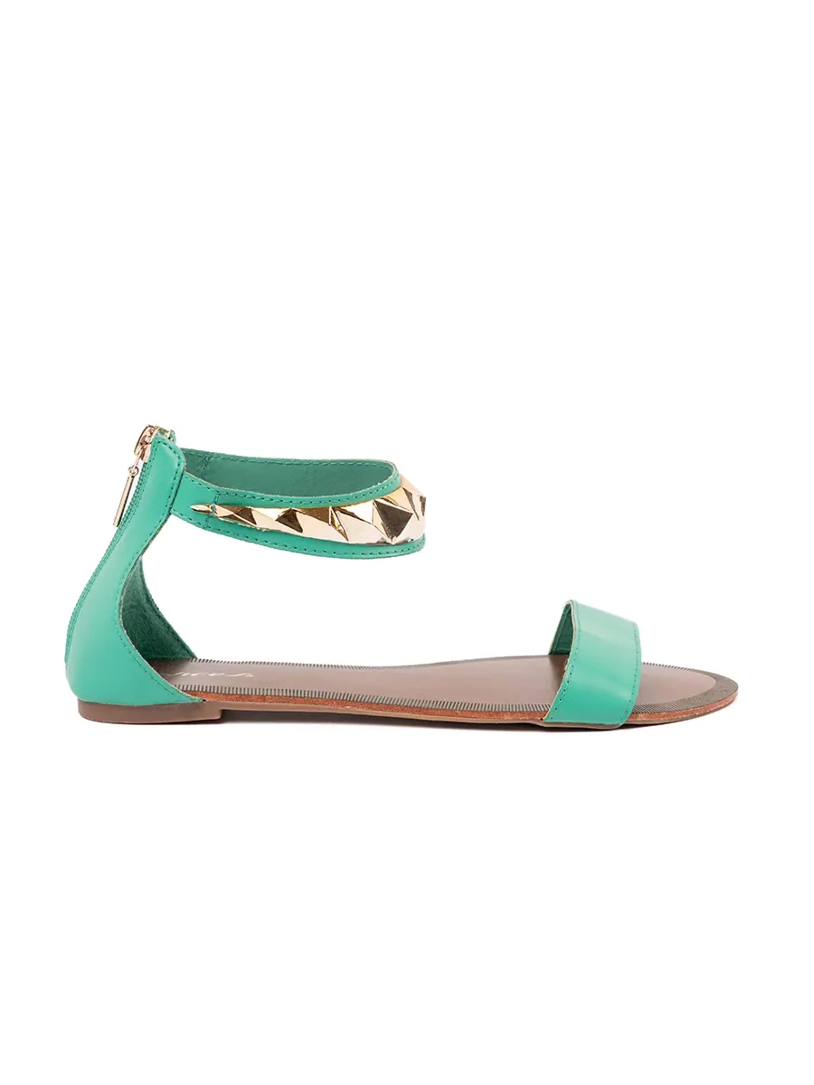 Green ankle-strap sandals with gold ornament