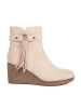 Suede Light Beige Wedge Ankle Boots with Fringe