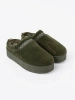 Dark green, soft shoes similar to snow boots without a heel