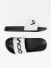 Black and white flip-flops with inscription