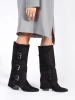 Black Suede Buckle Heeled Boots