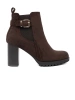 Dark brown ankle boots on a column heel with a decorative buckle