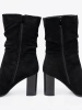 Black ankle boots on a pillar heel with ruched upper