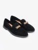 Black suede loafers with elegant gold decoration