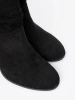 Black suede ankle boots on a column heel with ruched upper