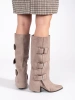 Beige Suede Buckle Boots with Block Heel