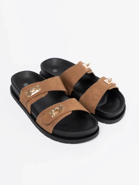 Jansno Brown Women's Slides with Gold Inserts