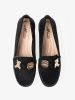 Black suede loafers with decorative bear