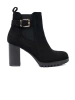 Black block heel ankle boots with decorative buckle
