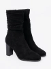 Black ankle boots on a pillar heel with ruched upper