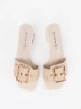 Beige Tweed Block Heel Slides