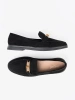 Black suede loafers with elegant gold decoration