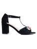 Black Suede Block Heel Sandals with Crystals