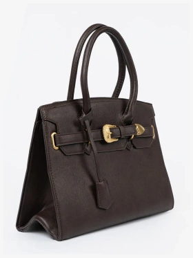 Dark Brown Handbag with Decorative Gold Buckle