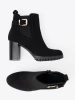 Black block heel ankle boots with decorative buckle