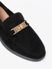 Black suede loafers with elegant gold decoration