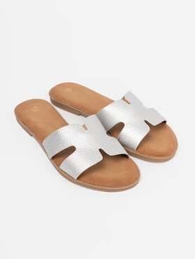 Silver women's slip-on sandals with cut-outs