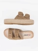 Beige Woven Platform Slides with Buckles